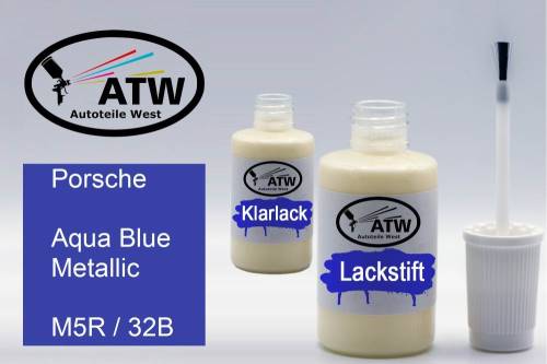 Porsche, Aqua Blue Metallic, M5R / 32B: 20ml Lackstift + 20ml Klarlack - Set, von ATW Autoteile West.